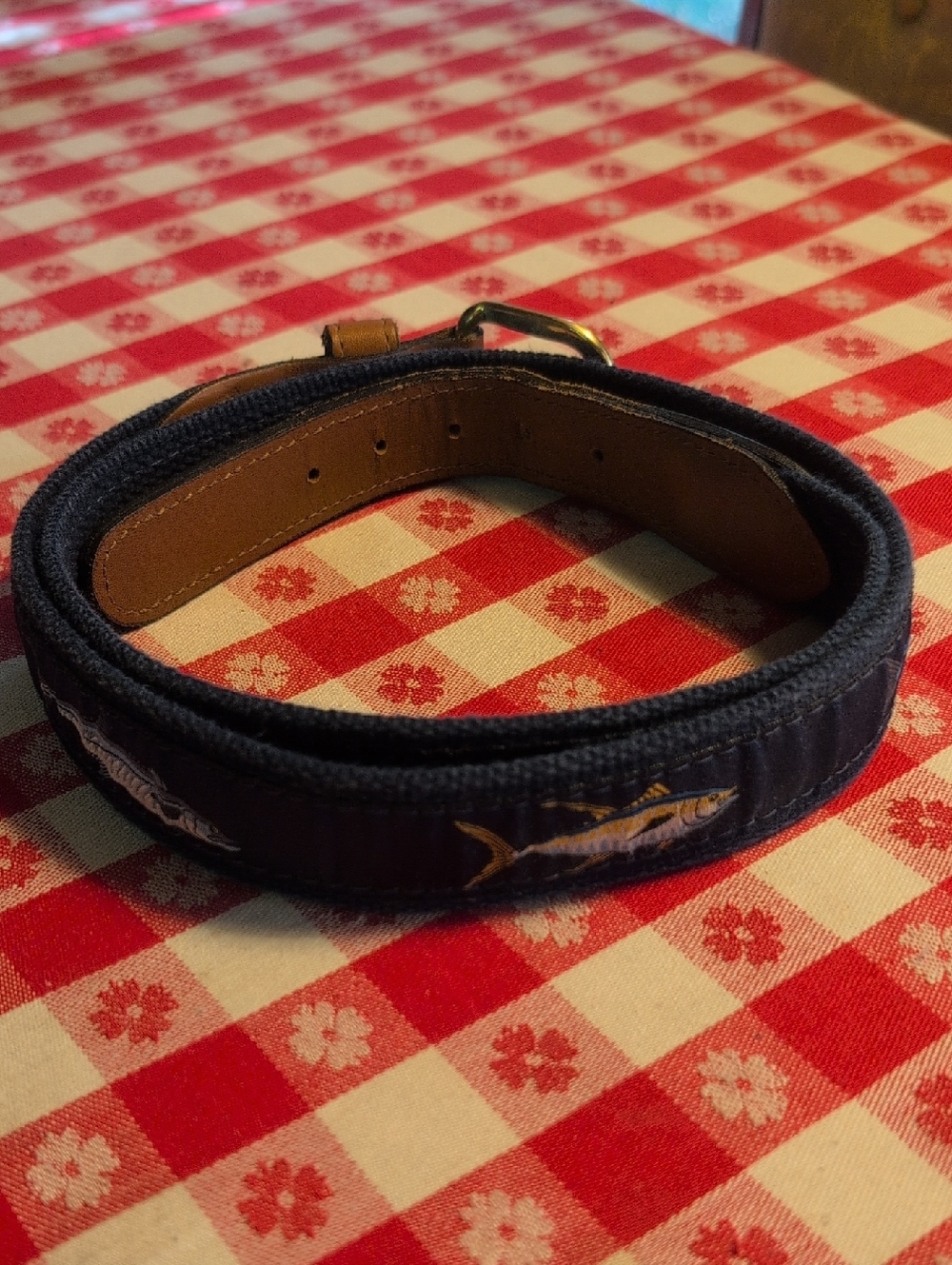 Warm Water Trophy Fish Belt,Authentic Leather,Solid Brass,Hand Embroidered Fish
